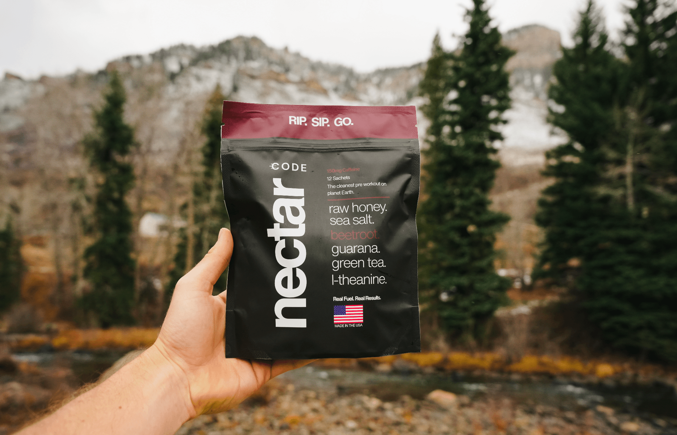 Hand holding a 'nectar' package with a mountainous background