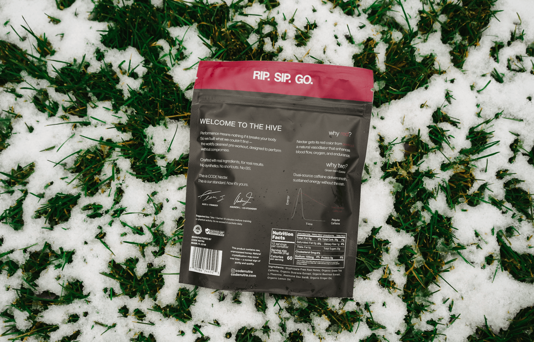 Energy Honey - Beetroot Ginger packaging on grass and snow, featuring details about the product and its benefits.