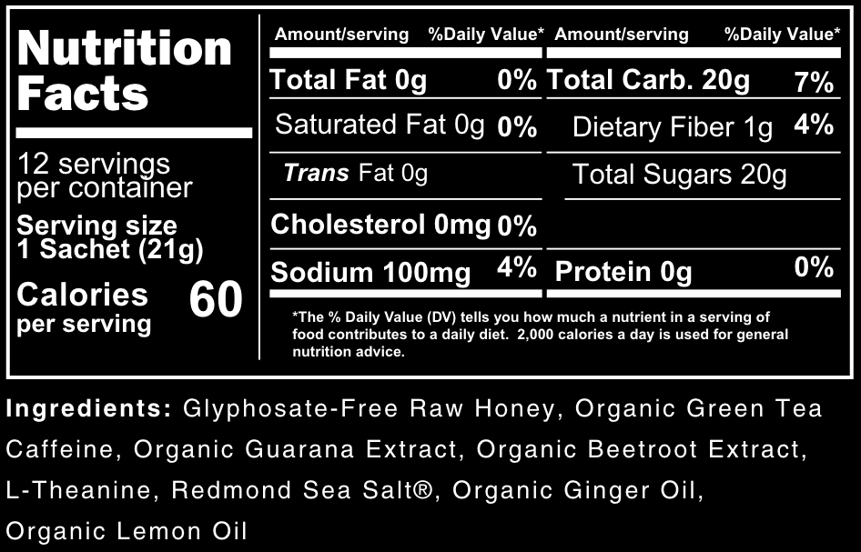 Nutrition facts for Energy Honey - Beetroot Ginger, featuring ingredients like raw honey, beetroot extract, and ginger oil.