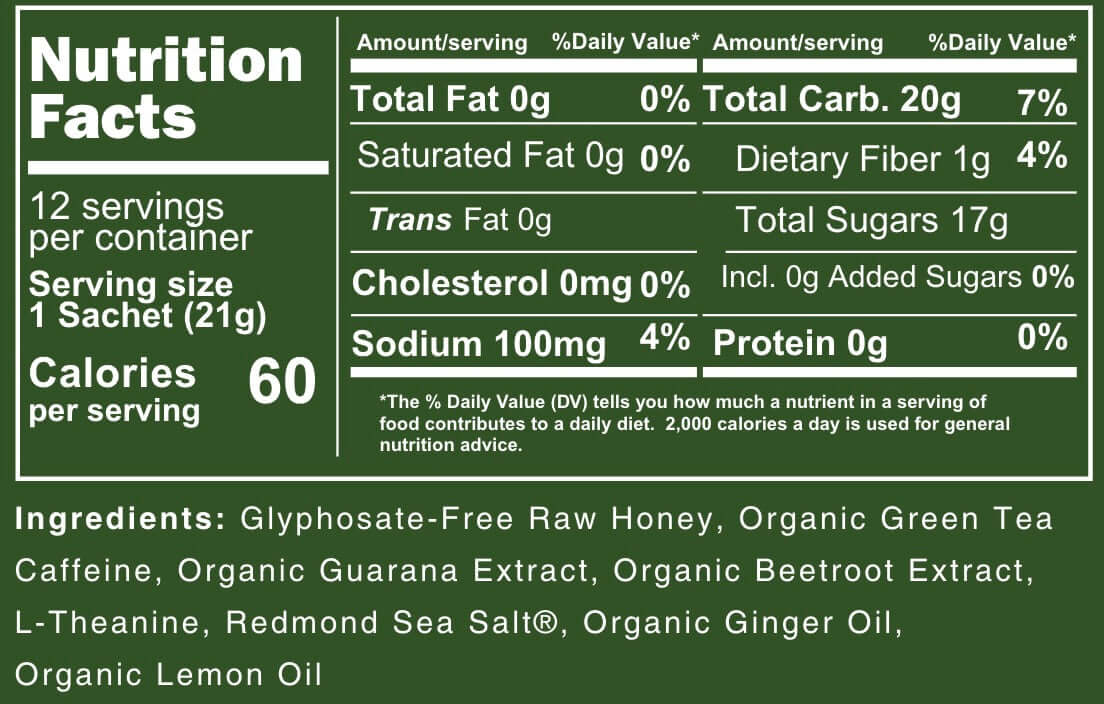 Nutrition facts for Energy Honey - Matcha, highlighting ingredients like matcha energy honey, caffeine, and raw honey benefits.