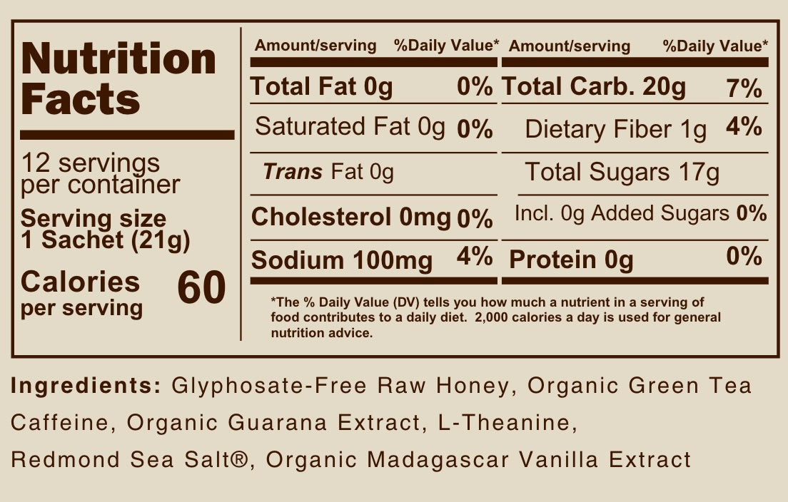 Nutrition facts label for a product with detailed information on calories, nutrients, and ingredients.