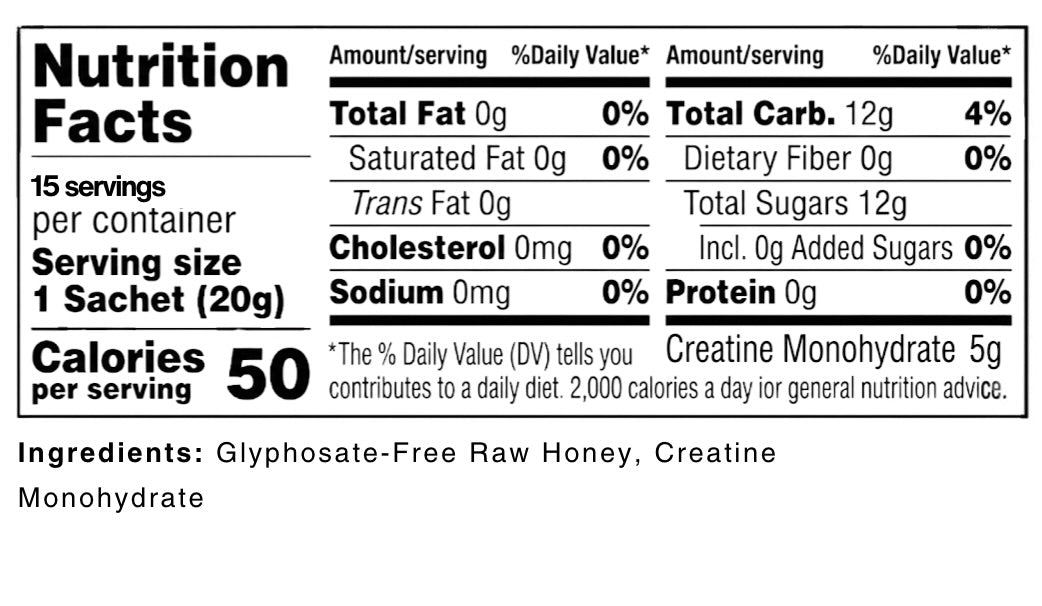 Nutrition facts for honey creatine supplement showing ingredients and serving information.