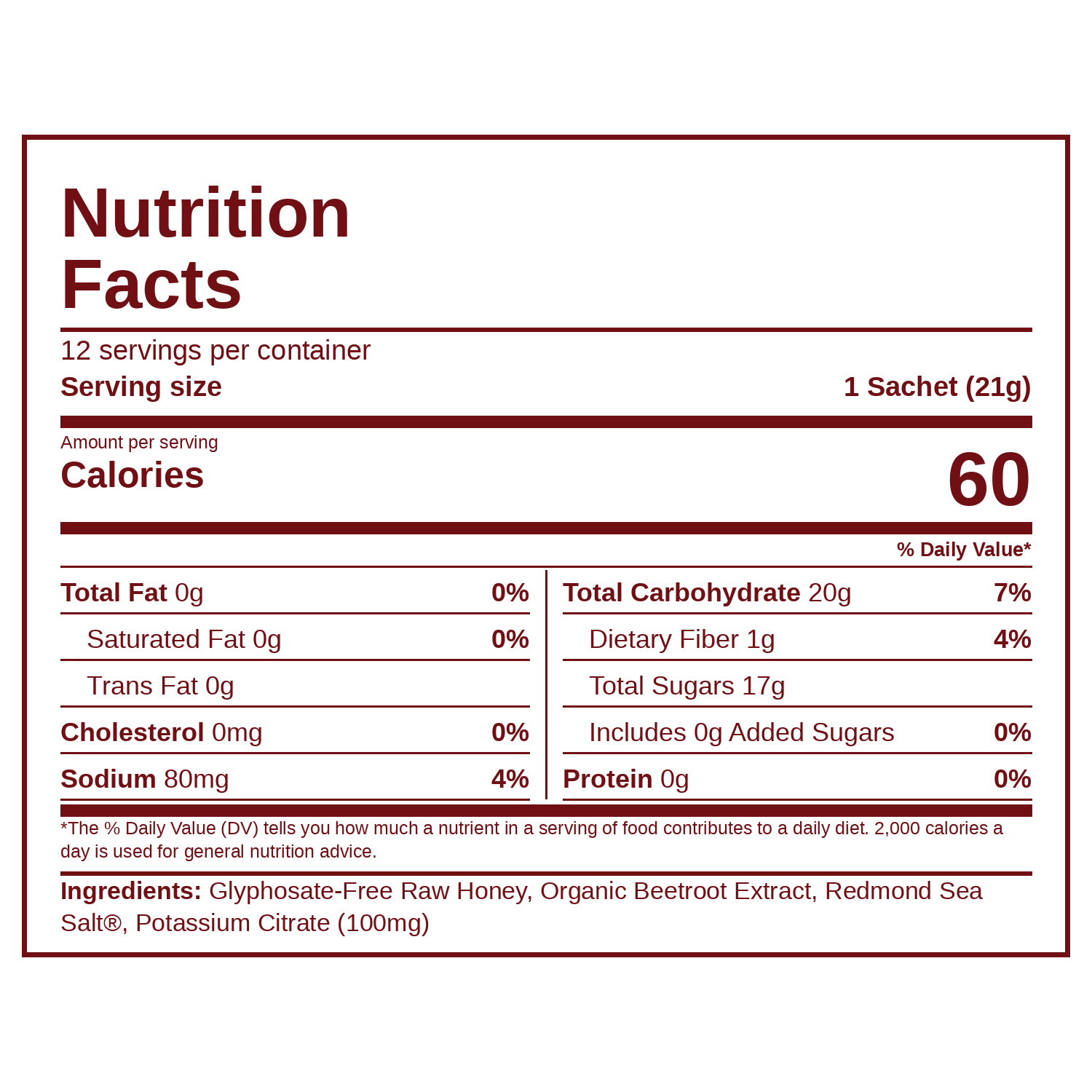 Nutrition facts for Endurance Honey. 60 calories per sachet, 20g carbs, 17g sugars, 80mg sodium. Ingredients: raw honey, beetroot extract, sea salt, potassium citrate.