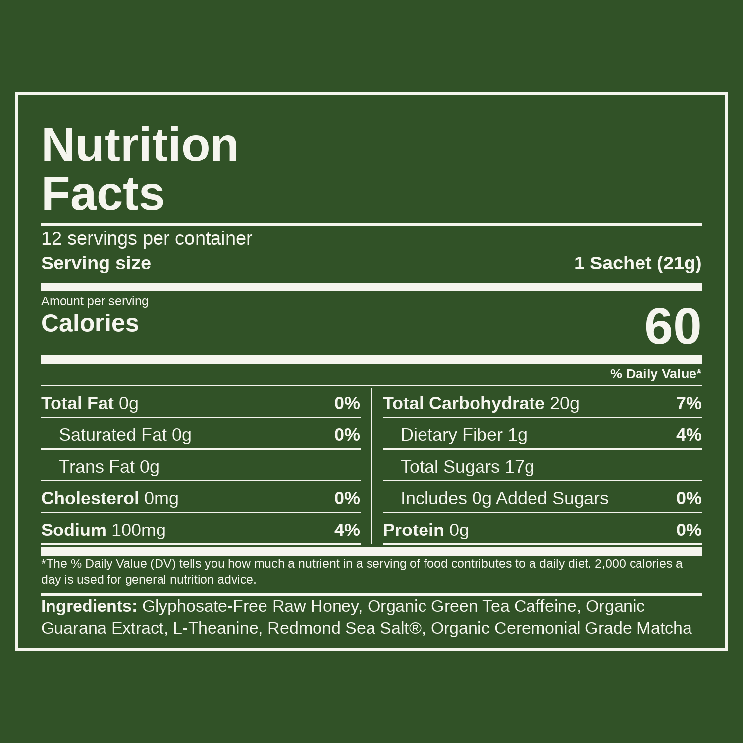 Nutrition facts for Energy Honey - Matcha. 60 calories per sachet, 20g carbs, 17g sugars, 100mg sodium. Ingredients: raw honey, green tea caffeine, guarana, L-theanine, sea salt, organic ceremonial grade matcha.