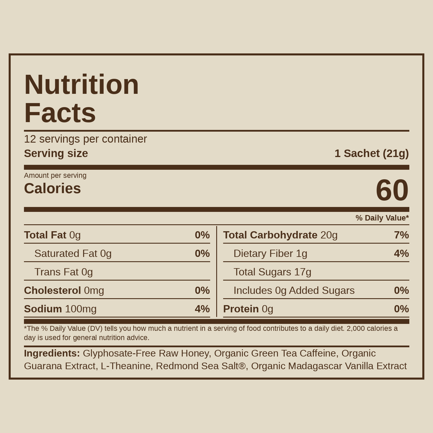 Nutrition facts for Energy Honey - Vanilla. 60 calories per sachet, 20g carbs, 17g sugars, 100mg sodium. Ingredients: raw honey, green tea caffeine, guarana, L-theanine, sea salt, Madagascar vanilla.