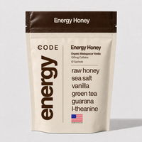 CODE Energy Honey Vanilla bag, 12 raw honey sachets with 150mg natural caffeine and Madagascar vanilla