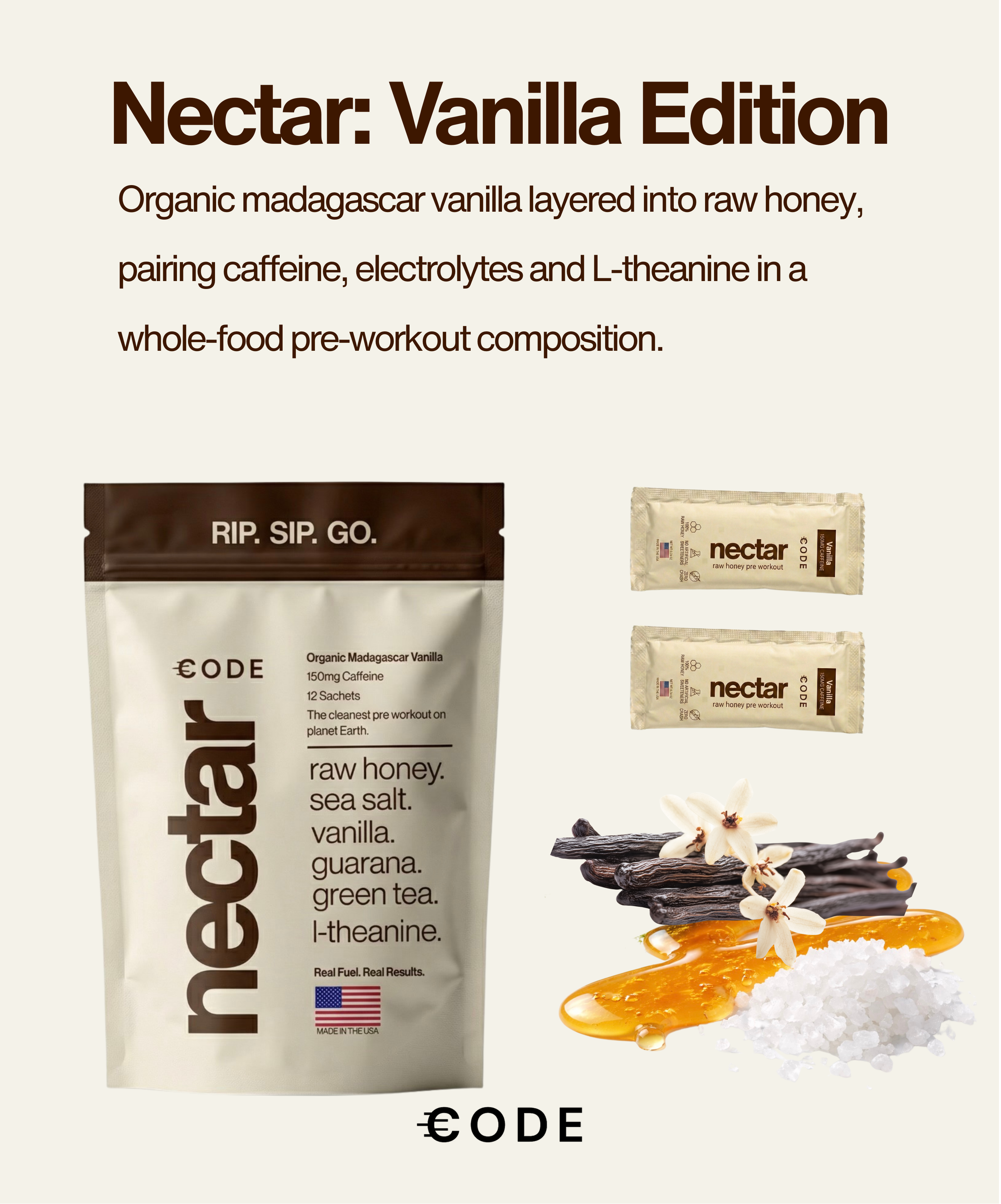 Vanilla Energy Honey Packets | Natural Caffeine + Raw Honey | CODE