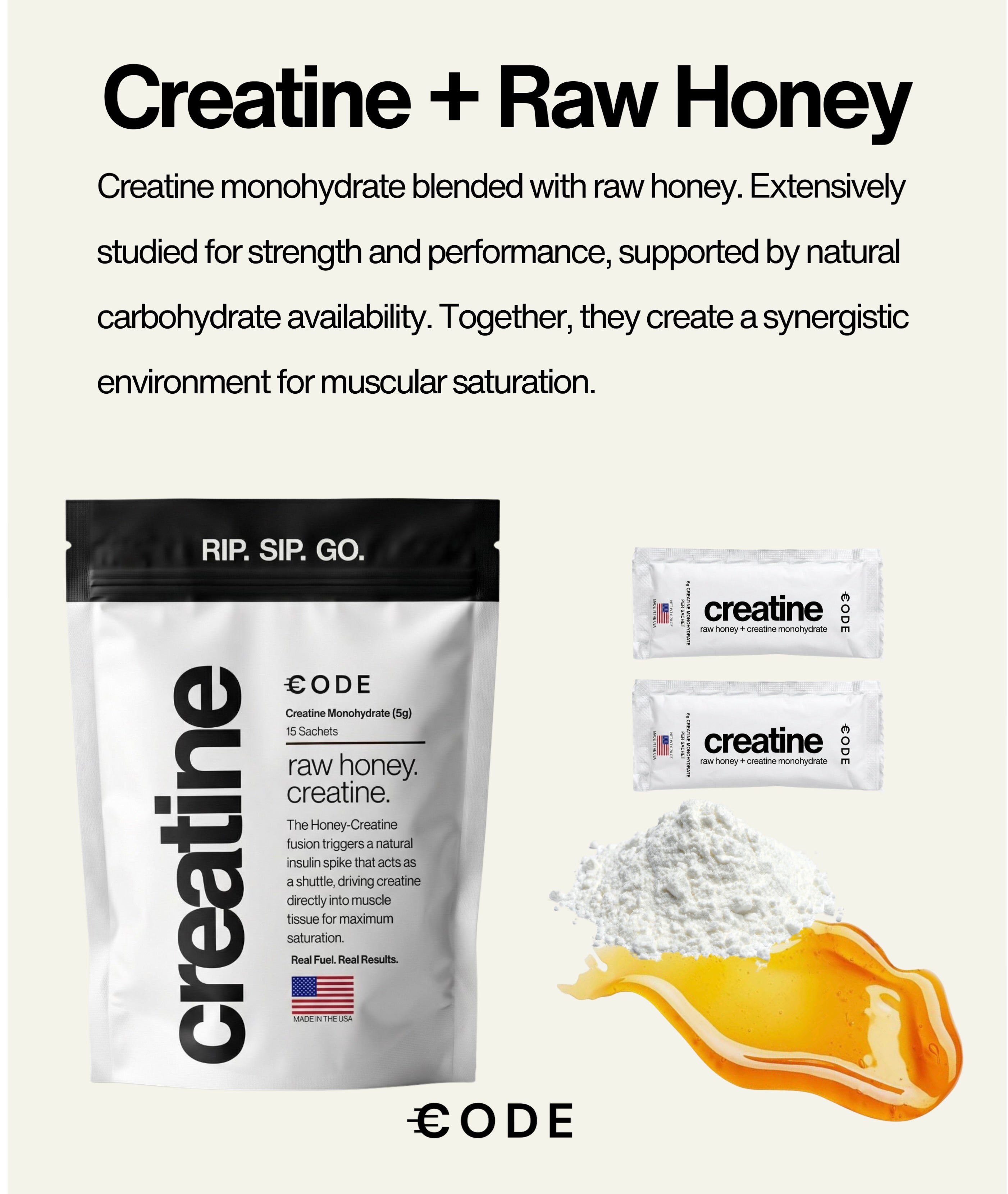 Honey creatine supplement featuring creatine monohydrate and raw honey for enhanced performance.