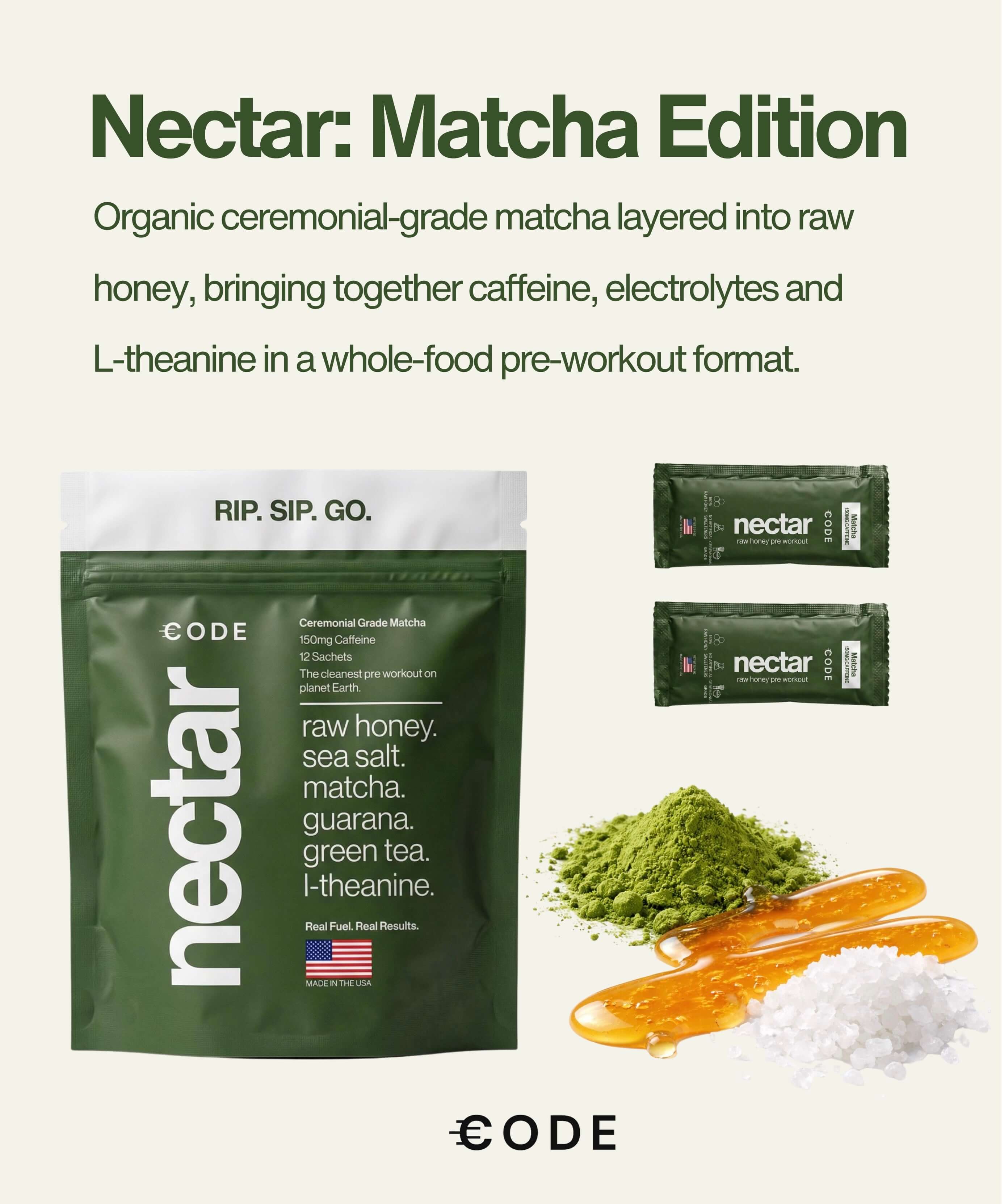 Energy Honey - Matcha, with matcha energy honey, featuring ceremonial-grade matcha, raw honey and electrolytes.